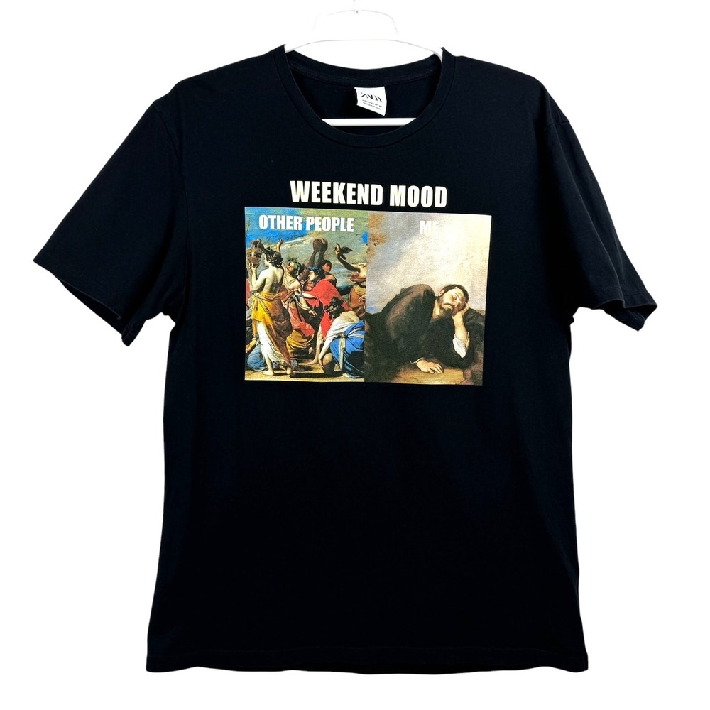 ZARA Weekend Mood Graphic T Shirt Men's Large Black Meme Art‎ Tee